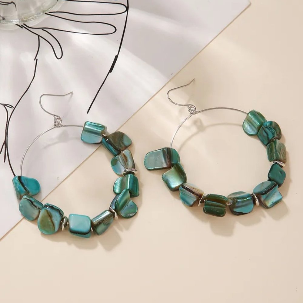 Bohemian Green Abalone Shell Beaded Dangle Hoop Earrings NEW - Picture 2 of 6